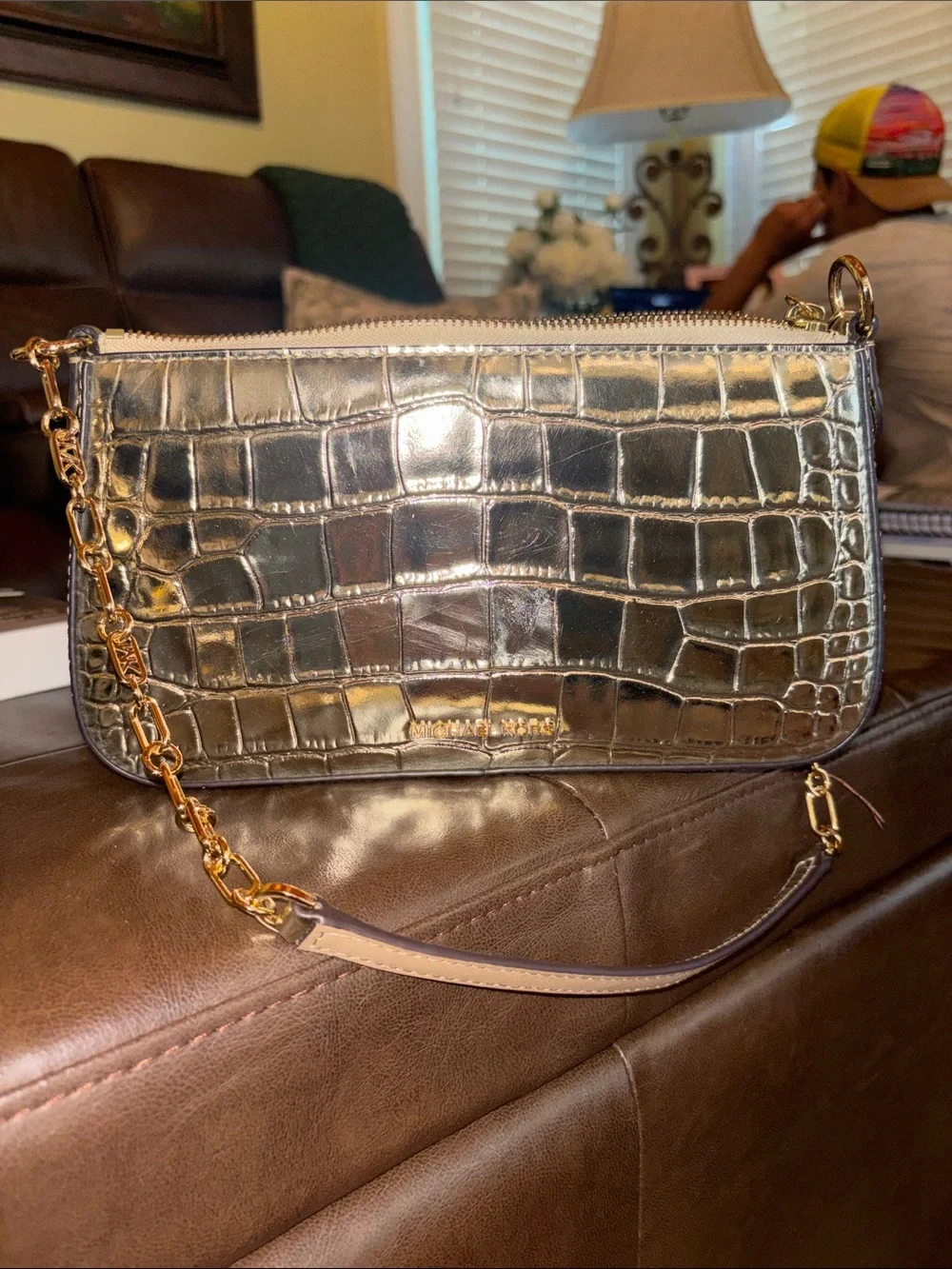 Michael Kors Gold Croc-Embossed Chain Shoulder Clutch